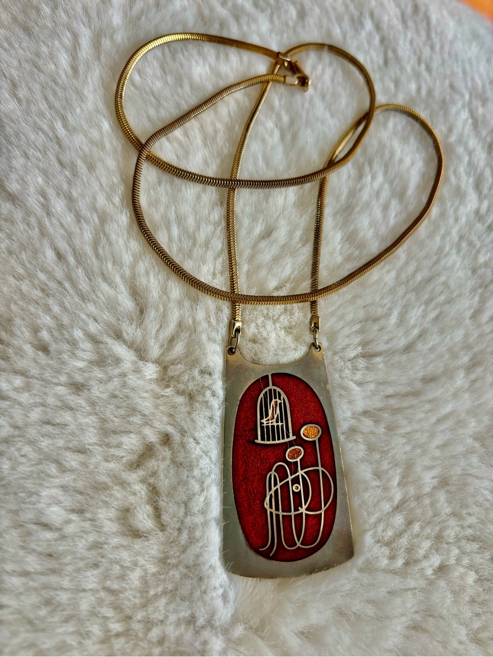Vintage 1960-70’s De Passille-Sylvestre “bird cage” Red Enamel on metal Necklace